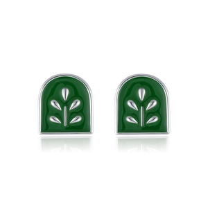S925 silver stud earrings with vintage green enamel and geometric plant motifs