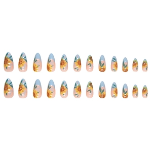 Almond shaped press-on nails with sunflower art and blue-pink color splicing