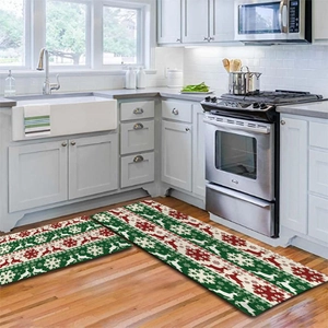 Christmas flannel absorbent kitchen mat set with red snowflakes and white elk patterns