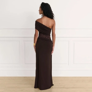 Elegant one-shoulder dark brown evening gown with lace splice and pleated waist detail