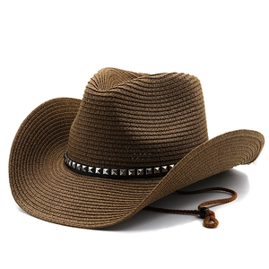 Cappello da cowboy vintage in paglia con fascia in pelle borchiata e sottogola regolabile
