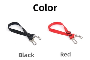 Adjustable nylon pet car seat belts in black and red with heavy duty metal buckles