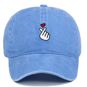 Vintage light blue washed cotton baseball cap with finger heart embroidery design