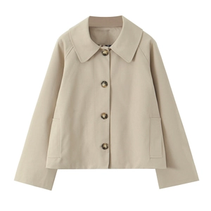 Khaki short double-breasted trench coat for women with large lapel and side pockets