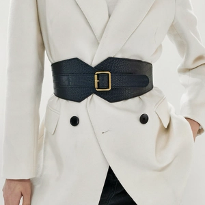 Women's wide black faux crocodile leather belt with elegant gold square buckle