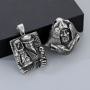 Detail of retro plague doctor mask and twin eagle pendants in distressed stainless steel