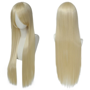 Detailed front and back views of an 80cm long straight golden cosplay wig in synthetic fiber