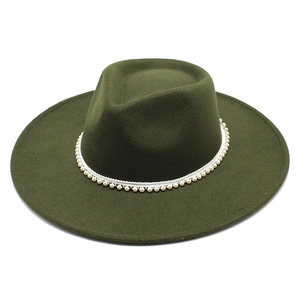 Detailed top view of dark green wool fedora hat featuring elegant white pearl band trim
