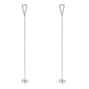Macro shot of silver S925 long tassel chain earrings showing fine metal links and texture