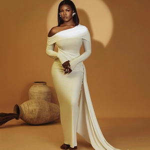 Elegant off-shoulder cream white long dress with asymmetric neck and floor-length drape