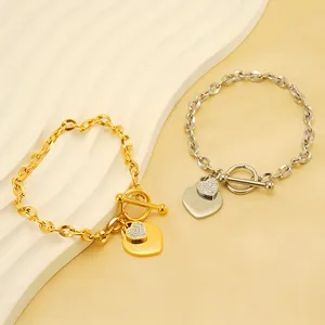 Bracelet À Pendentif Double Cœur En Acier Inoxydable Plqué Or 18K Avec Zircon Fermoir Toggle Bijoux Pour Femmes