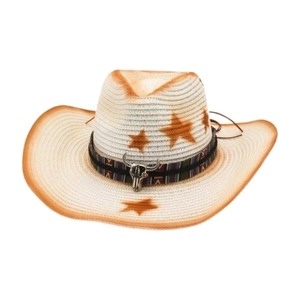 Close-up of woven straw cowboy hat featuring a silver bull skull and ethnic band