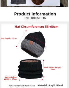 Winter knit hat and scarf set size chart with dimensions and fleece lining details