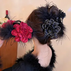 Hair Claw Satin Flower Feather Rhinestone Acrylic Shark Clip Vintage Elegant For Women Party Accessory