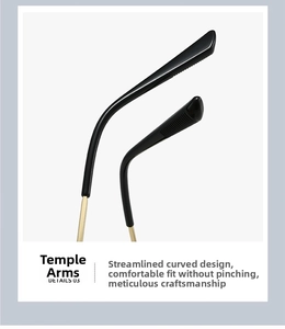 Detailed macro view of curved gold metal temples with black tips for oval sunglasses