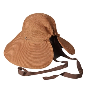 Caramel wide brim straw hat with back slit ribbon and metallic logo for sun protection