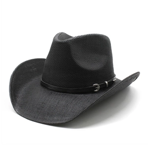Classic black straw fedora hat with wide brim, leather belt buckle, and woven texture