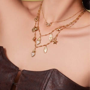 18k gold plated stainless steel layered necklace with heart crown and zircon charms