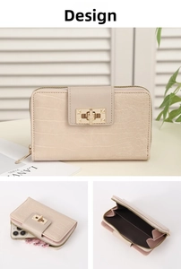 Detail view of beige crocodile embossed long wallet with gold twist lock and phone compartment