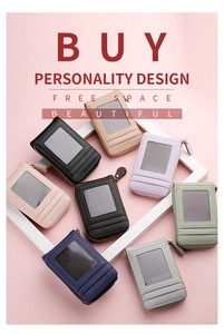 Multiple colors of lychee grain leather card holders with transparent ID windows and zippers