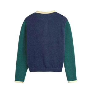 Navy blue and forest green color-block knit sweater with cream trim and long sleeves