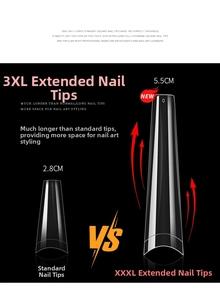 Detailed length comparison of 2.8cm standard and 5.5cm XXXL extra long clear nail tips