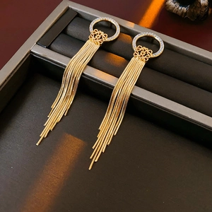 Luxurious gold-plated drop earrings with sparkling white zircons and long tassel fringe