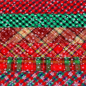 Christmas dog bandanas with plaid and snowflake patterns in red, green and brown