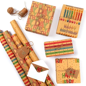 Birthday kraft gift wrapping paper set with Happy Birthday patterns and jute twine