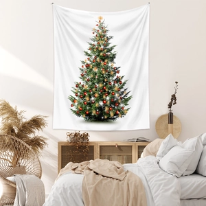 Dettaglio dell'arazzo natalizio bohémien con albero di Natale e decorazioni su tessuto