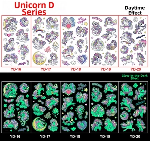 Glow-in-the-dark unicorn tattoos for kids in daylight and night fluorescent effect