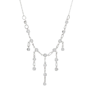 Close-up of silver drop necklace featuring sparkling cubic zirconia tassel pendants
