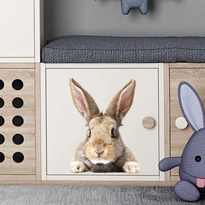 Realistic brown rabbit wall sticker peeking from a hole on a white cabinet door