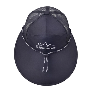 Detail of dark blue outdoor fishing hat with breathable mesh and adjustable chin strap
