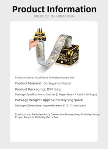 Detail of black and gold happy birthday money pull box with bags for party surprise
