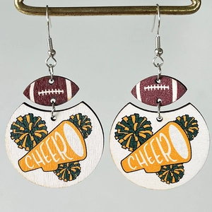 Detailed view of wood printed football cheer earrings with metal hooks and cheer megaphone