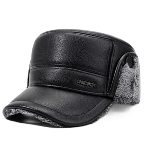 Men's winter leather flat cap with ear flaps and warm grey faux fur lining in black