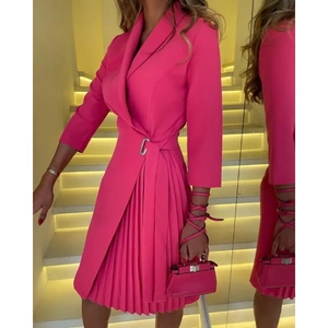 Rose pink pleated blazer dress with V-neck, three-quarter sleeves and silver buckle belt