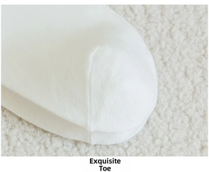 Detailed macro view showing the seamless and exquisite toe stitching of white cotton socks