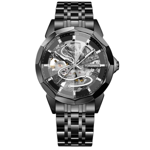 FORSINING men's black automatic mechanical watch with skeleton dial and steel strap