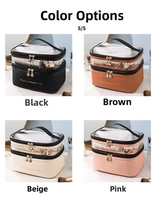 Detail view of double-layer travel makeup bags in black, brown, beige and pink PU leather