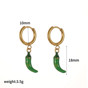 Detail view of 10mm gold hoop earrings with green chili pendants showing sizes and 3.5g weight