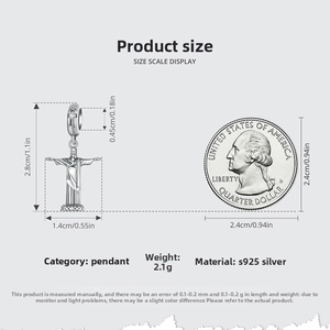 Size chart for S925 sterling silver Christ the Redeemer pendant with coin scale reference