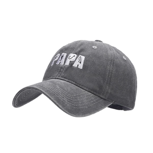 Dark grey washed cotton baseball cap with white PAPA embroidery and fishing silhouette