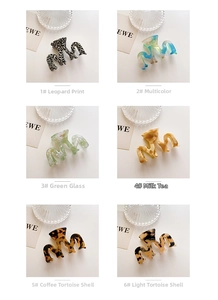 Detailed grid view of six acetate geometric claw clips in various tortoiseshell patterns