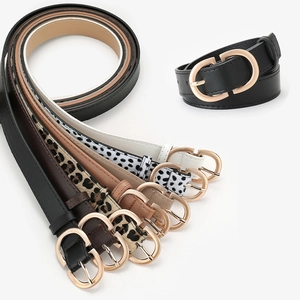 Modern women's skinny belts with gold double-D buckles in solid colors and animal prints