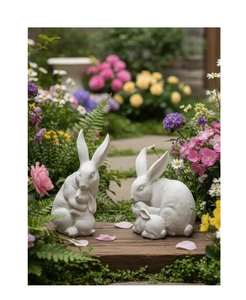 Détail d'une statue de jardin famille lapin en résine avec texture de poils fins