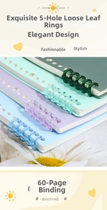 Detail of 5-hole plastic binder rings in pastel colors with a 60-sheet capacity
