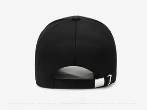 Detailed back view of a black baseball cap with an adjustable silver metal sport buckle
