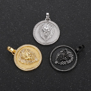 Lion Head Round Pendant Necklace Stainless Steel Micro Pave Zircon Hip Hop Rock Jewelry For Men